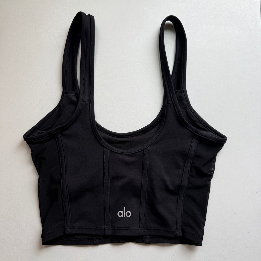 Alo Yoga Black Corset Tank Top Mesh Panel Bustier Crop S
